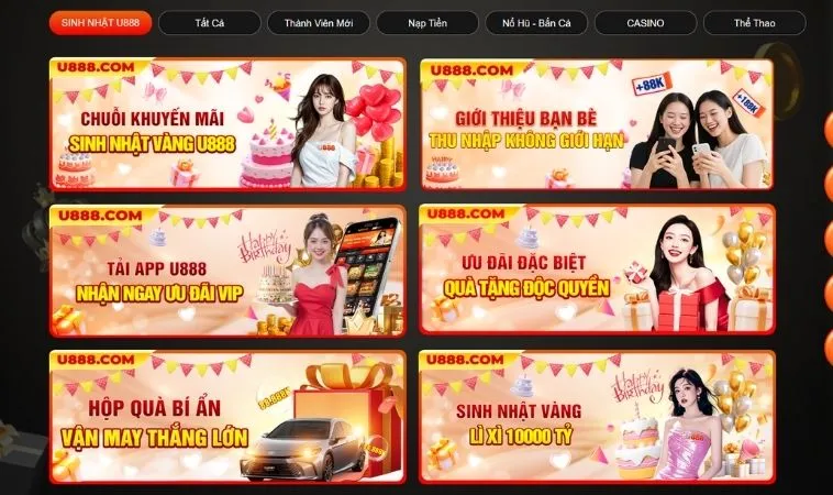 Đa dạng các chương trình khuyến mãi U888 hấp dẫn tặng hội viên 